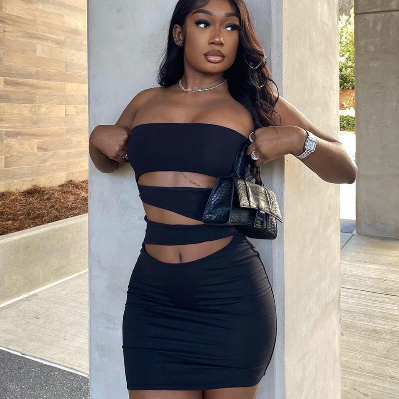 Off Shoulder Strapless Solid Hollow Out Mini Prom Dress Sexy Skinny - MERGE.DAY.1.FREESTYLE