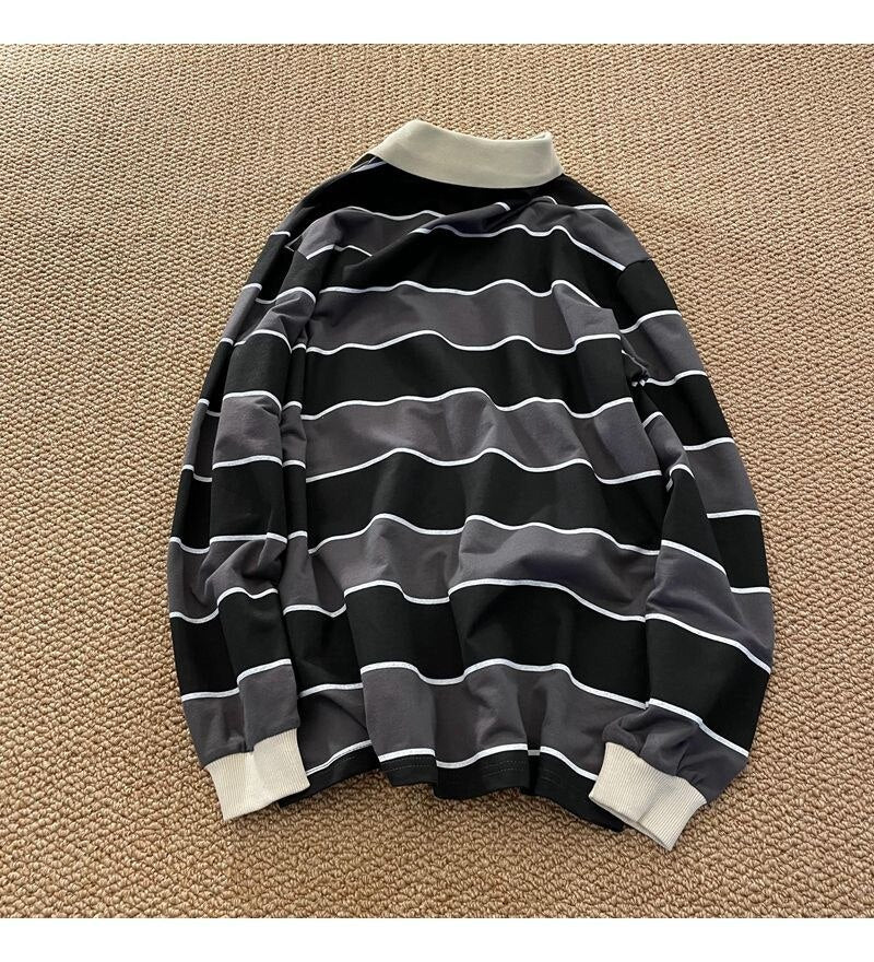 Striped POLO Shirt Men Women Casual Loose Couple BF Lapel Sweatshirts - MERGE.DAY.1.FREESTYLE