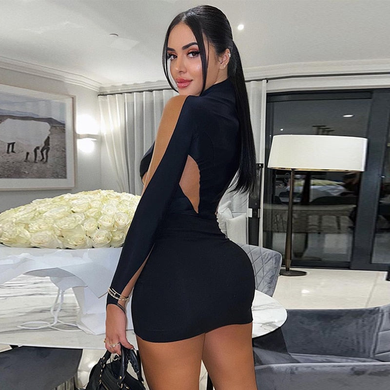 Long Sleeve Patchwork Mesh See Through Sexy Bodycon Mini Dress Evening Clothes - MERGE.DAY.1.FREESTYLE