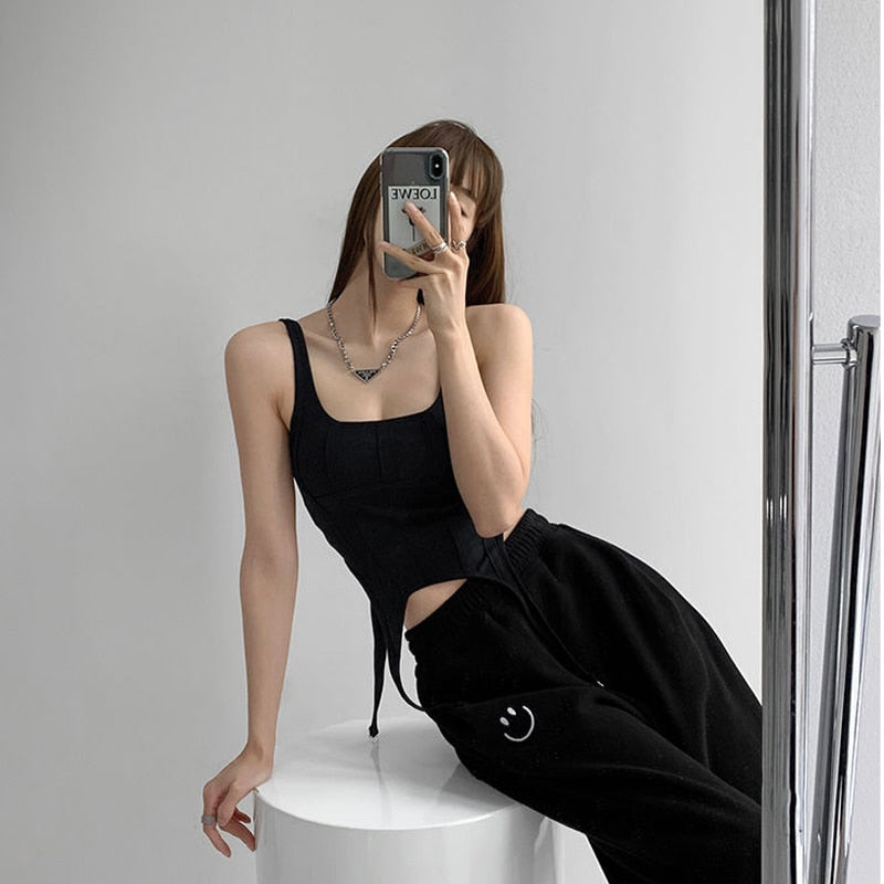 Sexy Irregular Hook White Tank Top Women Summer Square Collar Sleeveless Tops Vest Outwear - MERGE.DAY.1.FREESTYLE