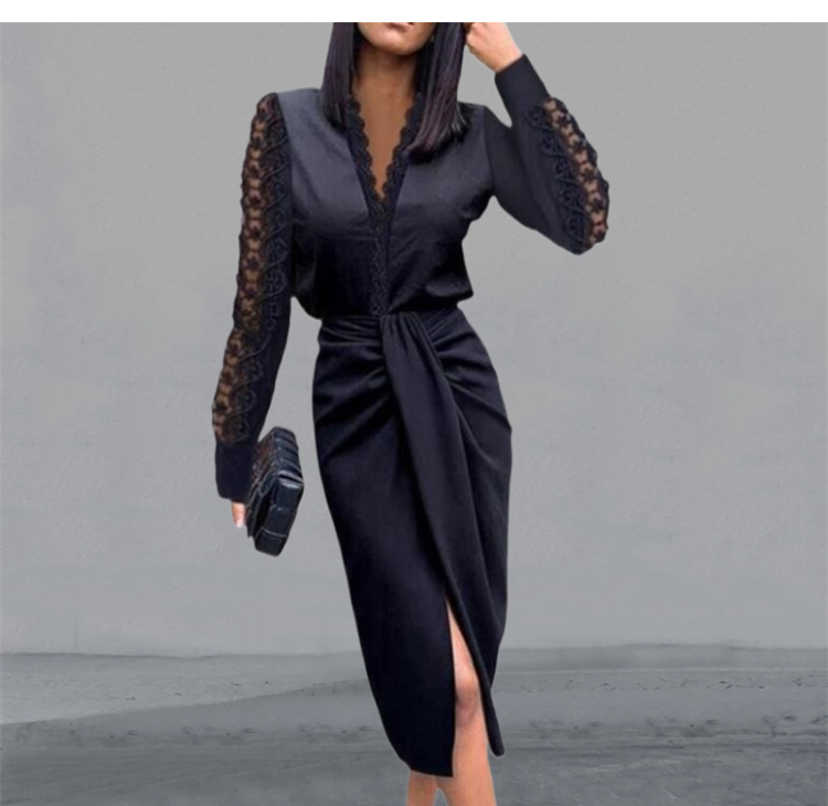 Dress Women Popular Sexy Dress V-neck Lace Long Sleeve Black Elegant Party Dresses - MERGE.DAY.1.FREESTYLE