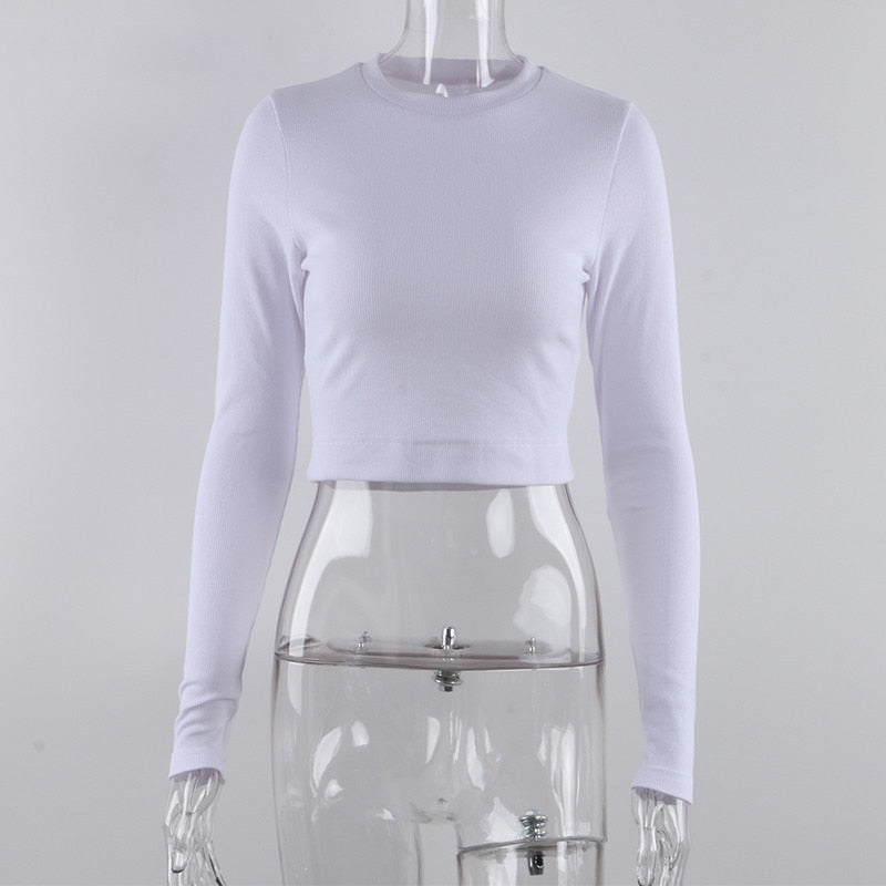 O Neck Long Sleeve Shirt Women Ribbed Sexy Cropped Tops Casual Skinny T Shirts White - MERGE.DAY.1.FREESTYLE