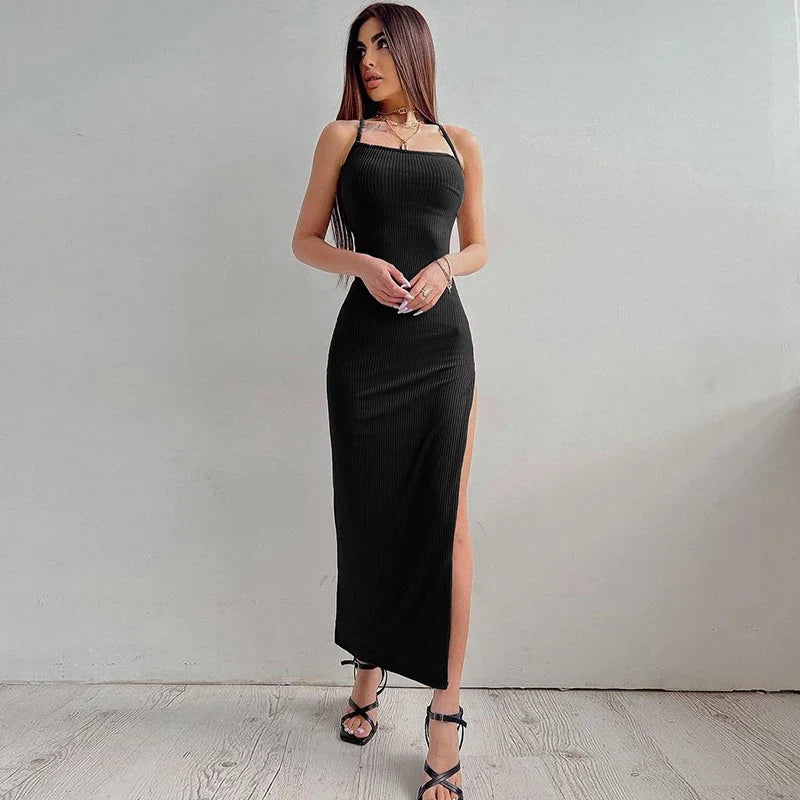 Backless Halter Neck Split Bandage Bodycon Dress - MERGE.DAY.1.FREESTYLE