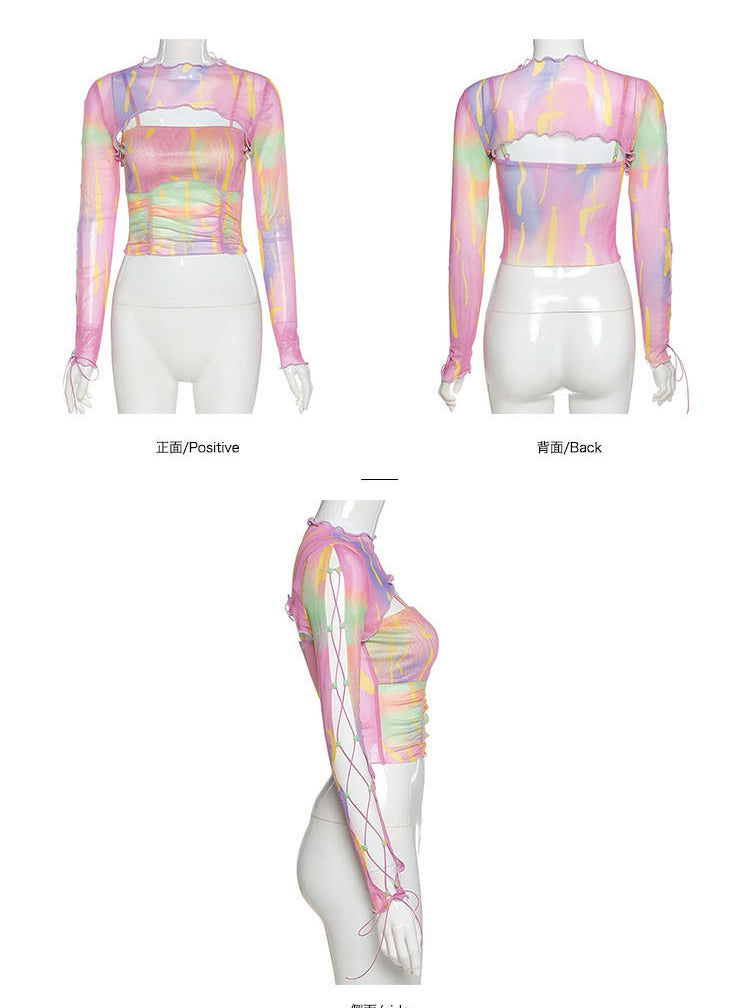Hollow Bandage T-Shirt Women Sweet Suits Color Pattern Mesh Camisole + Long Sleeve Smock Female - MERGE.DAY.1.FREESTYLE