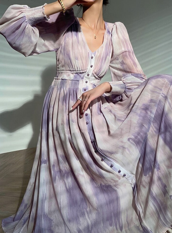 Printed Dress V-neck Long Sleeve Single-breasted Women A-line Dress vestidos - MERGE.DAY.1.FREESTYLE