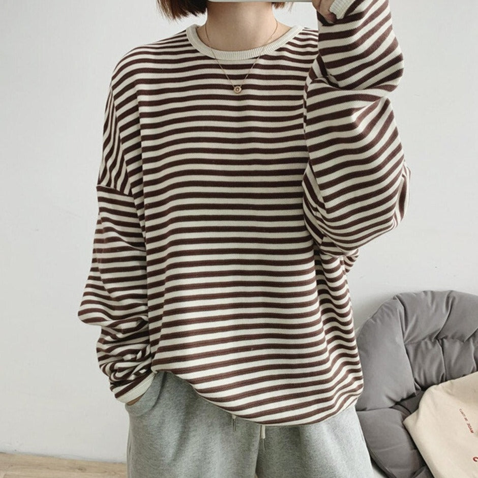 Striped Pullovers Women Knitted Cotton Sweatshirts Female Long-sleeved Loose Tops - MERGE.DAY.1.FREESTYLE