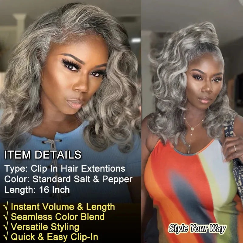 SoulLady Salt and Pepper Clip in Hair Extensions Real Human Hair Brazilian Virgin Human Hair Extensions 6 Pieces/Set for Senior - MERGE.DAY.1.FREESTYLE