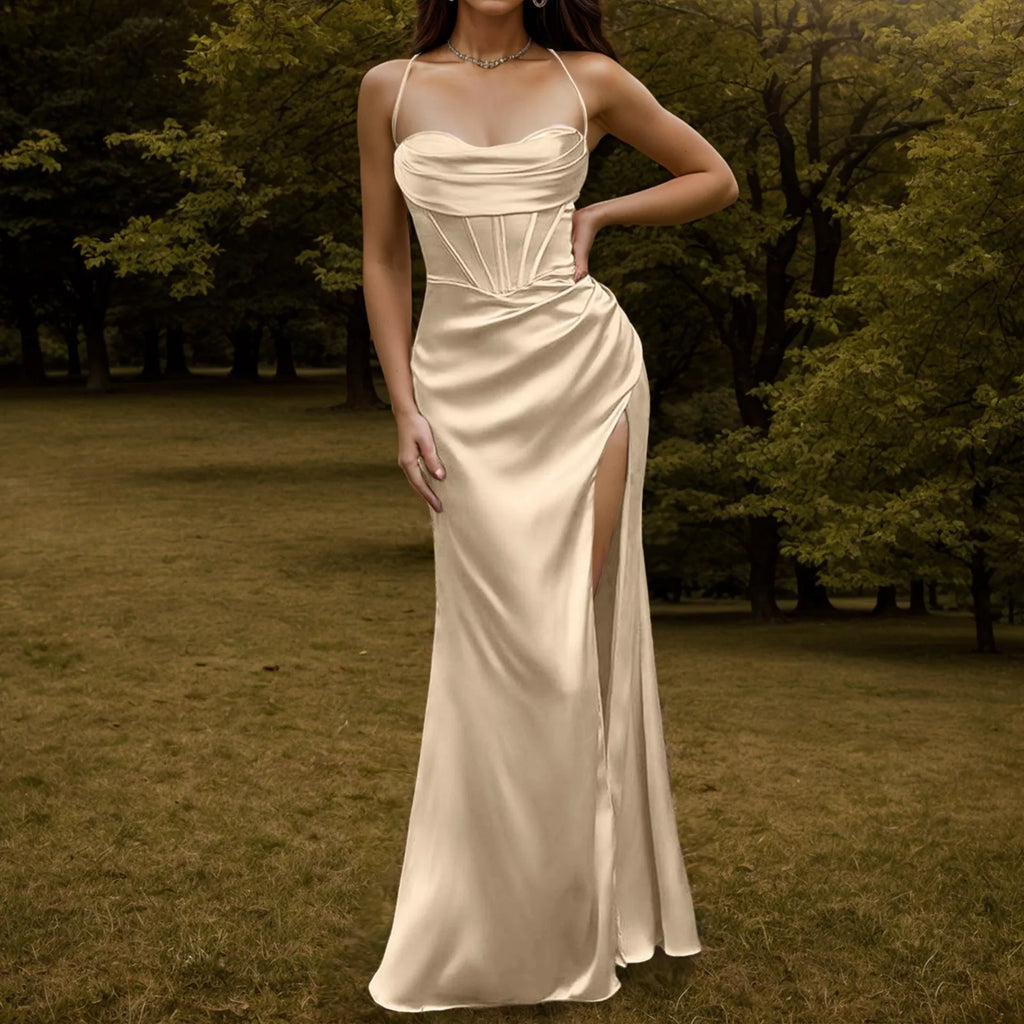 Spaghetti Strap Satin Corset Fishbone Push Up Bodycon Party Long Dress - MERGE.DAY.1.FREESTYLE