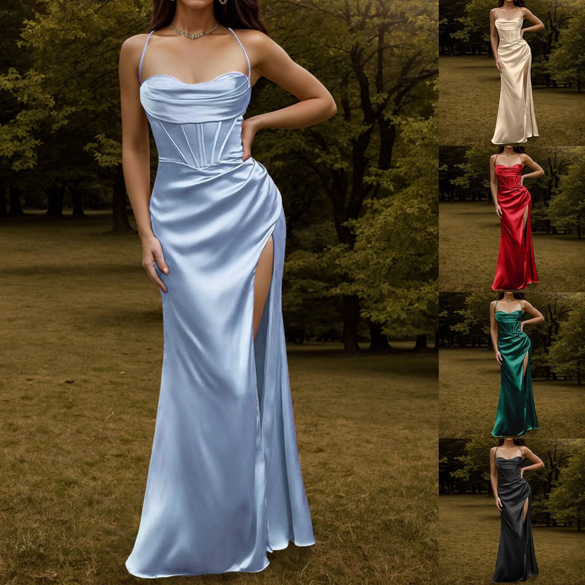 Spaghetti Strap Satin Corset Fishbone Push Up Bodycon Party Long Dress - MERGE.DAY.1.FREESTYLE