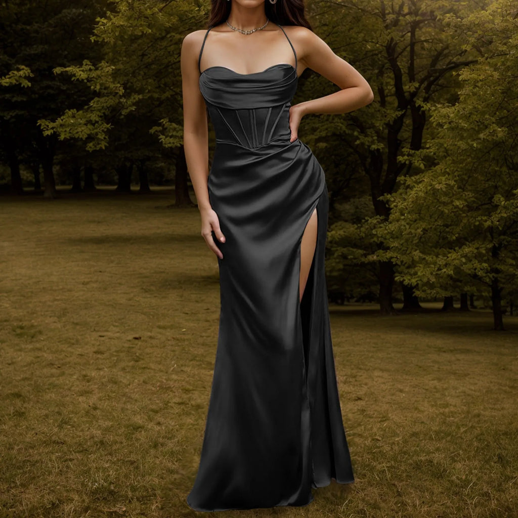 Spaghetti Strap Satin Corset Fishbone Push Up Bodycon Party Long Dress - MERGE.DAY.1.FREESTYLE
