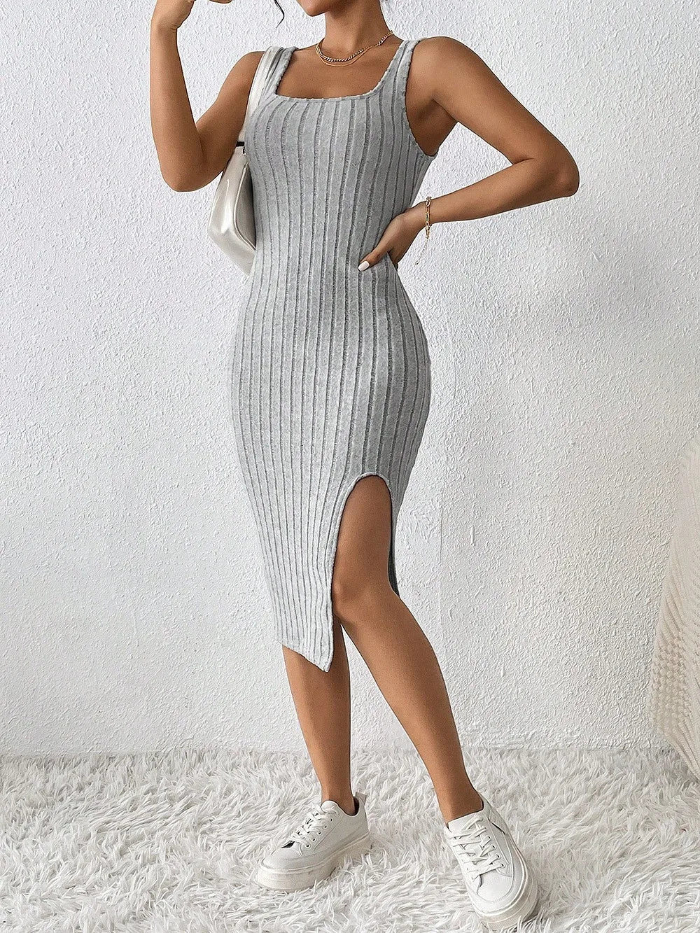 slit dress solid color sling slim dress - MERGE.DAY.1.FREESTYLE