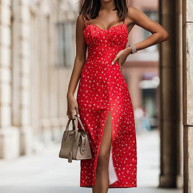 Floral Print Backless Beach Sundresses Casual Slim Slit Sleeveless Dress - MERGE.DAY.1.FREESTYLE