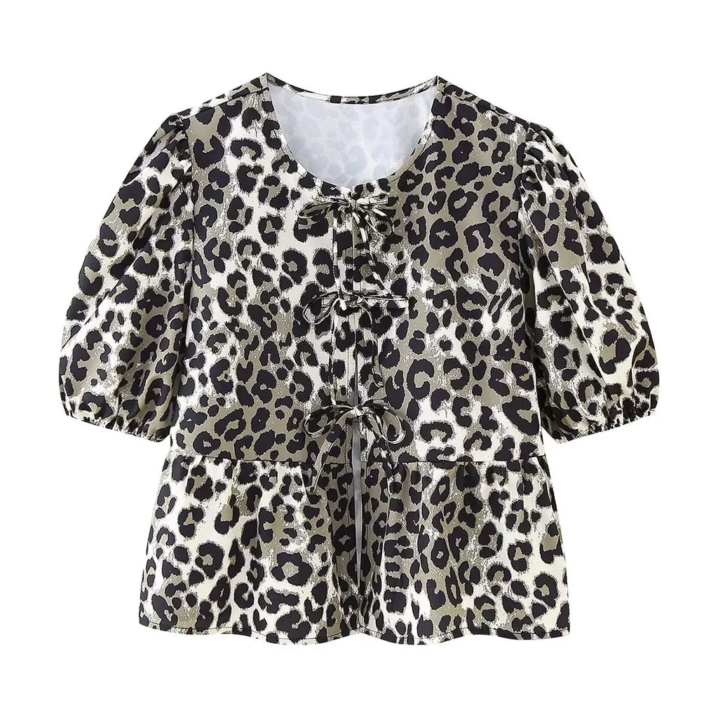 Leopard Blouse Puff Sleeve Crop Top Women's Summer Clothing - MERGE.DAY.1.FREESTYLE