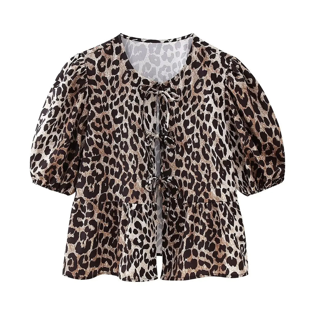Leopard Blouse Puff Sleeve Crop Top Women's Summer Clothing - MERGE.DAY.1.FREESTYLE