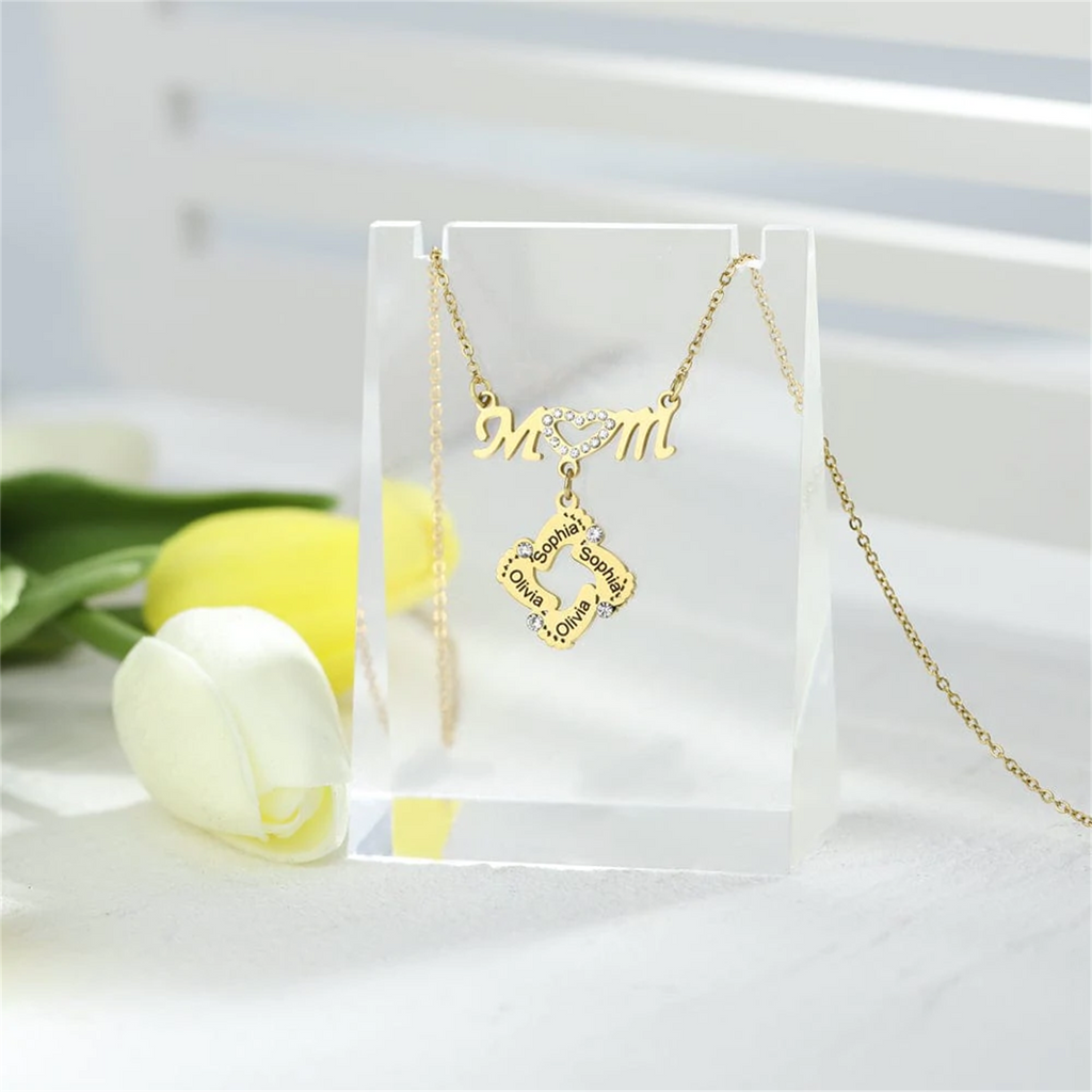 Personalized Diamond Mom Necklace With Crystal Baby Feet Engraved Names Pendant - MERGE.DAY.1.FREESTYLE