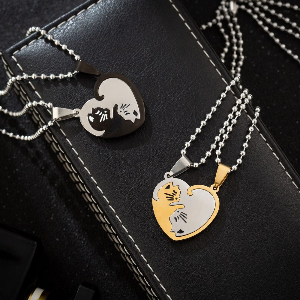1 Set Couple Charm Cat Pendant Necklace Women Men Stainless Steel Girl Gift Jewelry Blue Cololr - MERGE.DAY.1.FREESTYLE