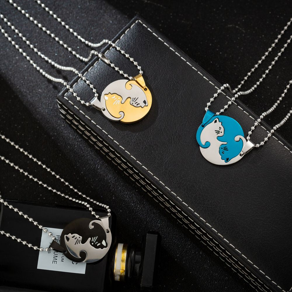 1 Set Couple Charm Cat Pendant Necklace Women Men Stainless Steel Girl Gift Jewelry Blue Cololr - MERGE.DAY.1.FREESTYLE