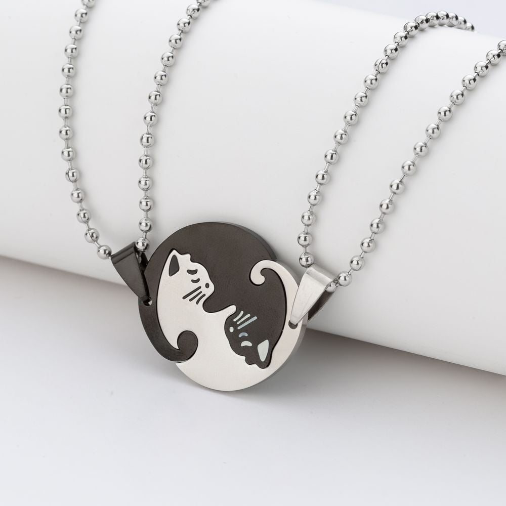 1 Set Couple Charm Cat Pendant Necklace Women Men Stainless Steel Girl Gift Jewelry Blue Cololr - MERGE.DAY.1.FREESTYLE