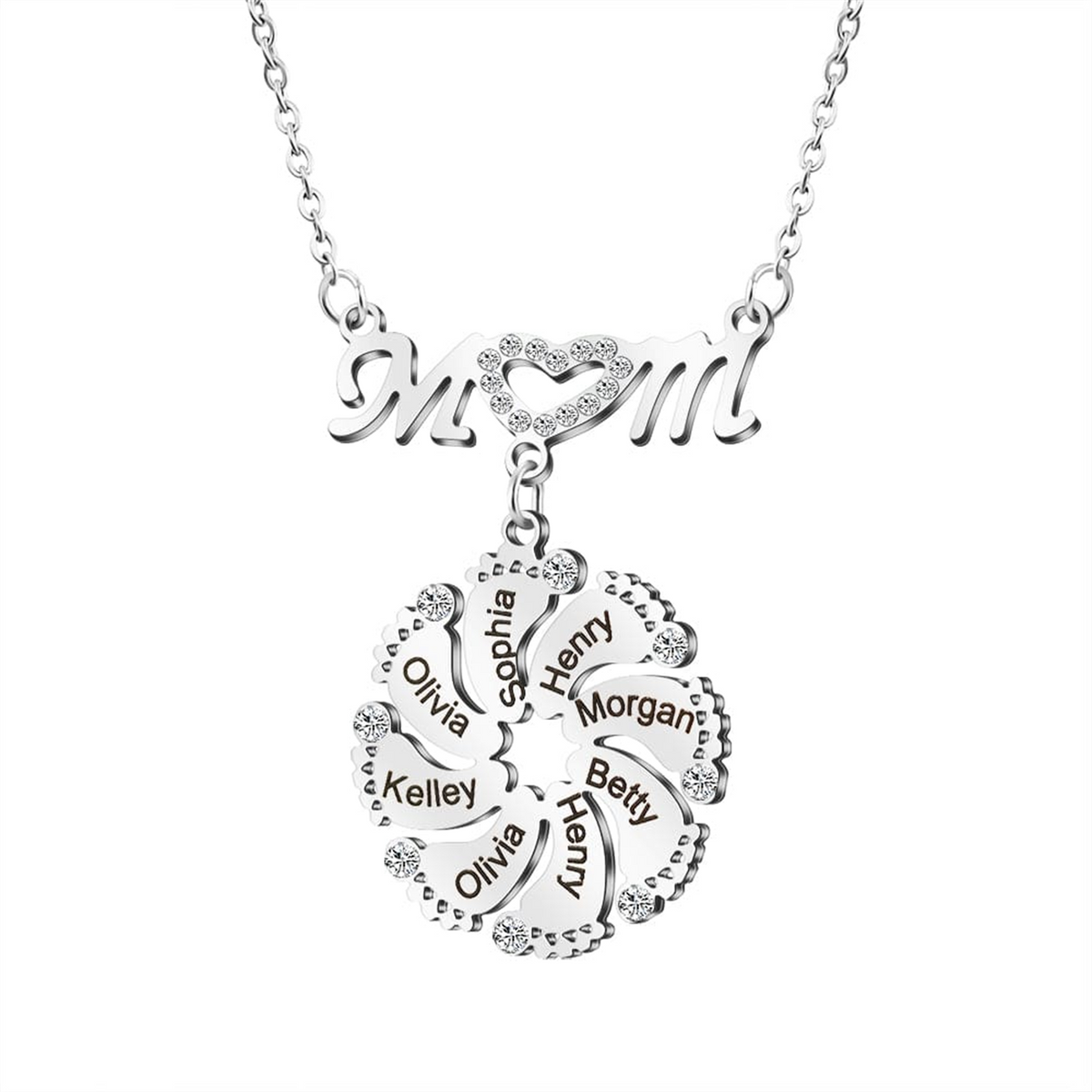 Personalized Diamond Mom Necklace With Crystal Baby Feet Engraved Names Pendant - MERGE.DAY.1.FREESTYLE