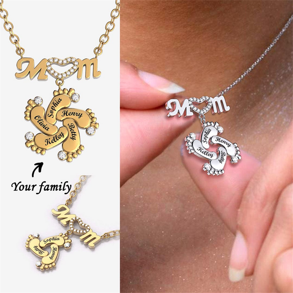 Personalized Diamond Mom Necklace With Crystal Baby Feet Engraved Names Pendant - MERGE.DAY.1.FREESTYLE
