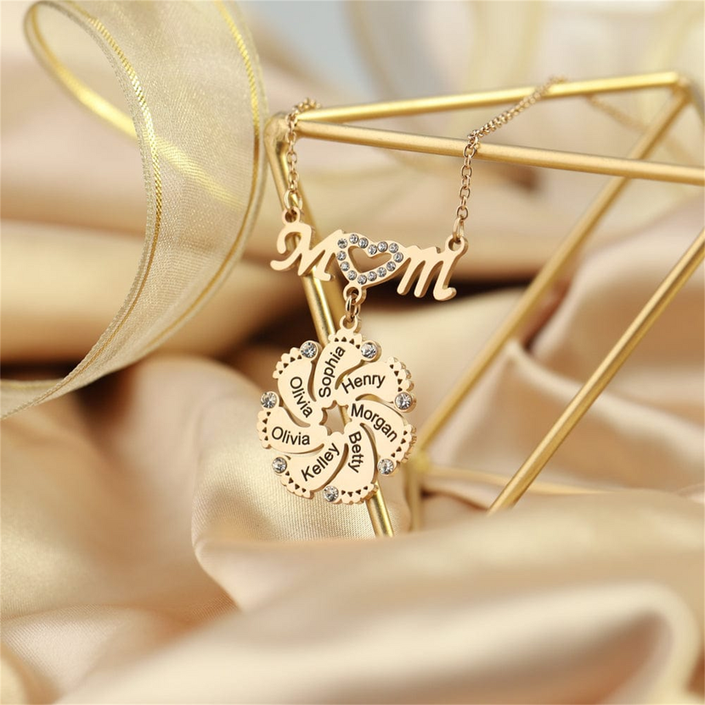 Personalized Diamond Mom Necklace With Crystal Baby Feet Engraved Names Pendant - MERGE.DAY.1.FREESTYLE