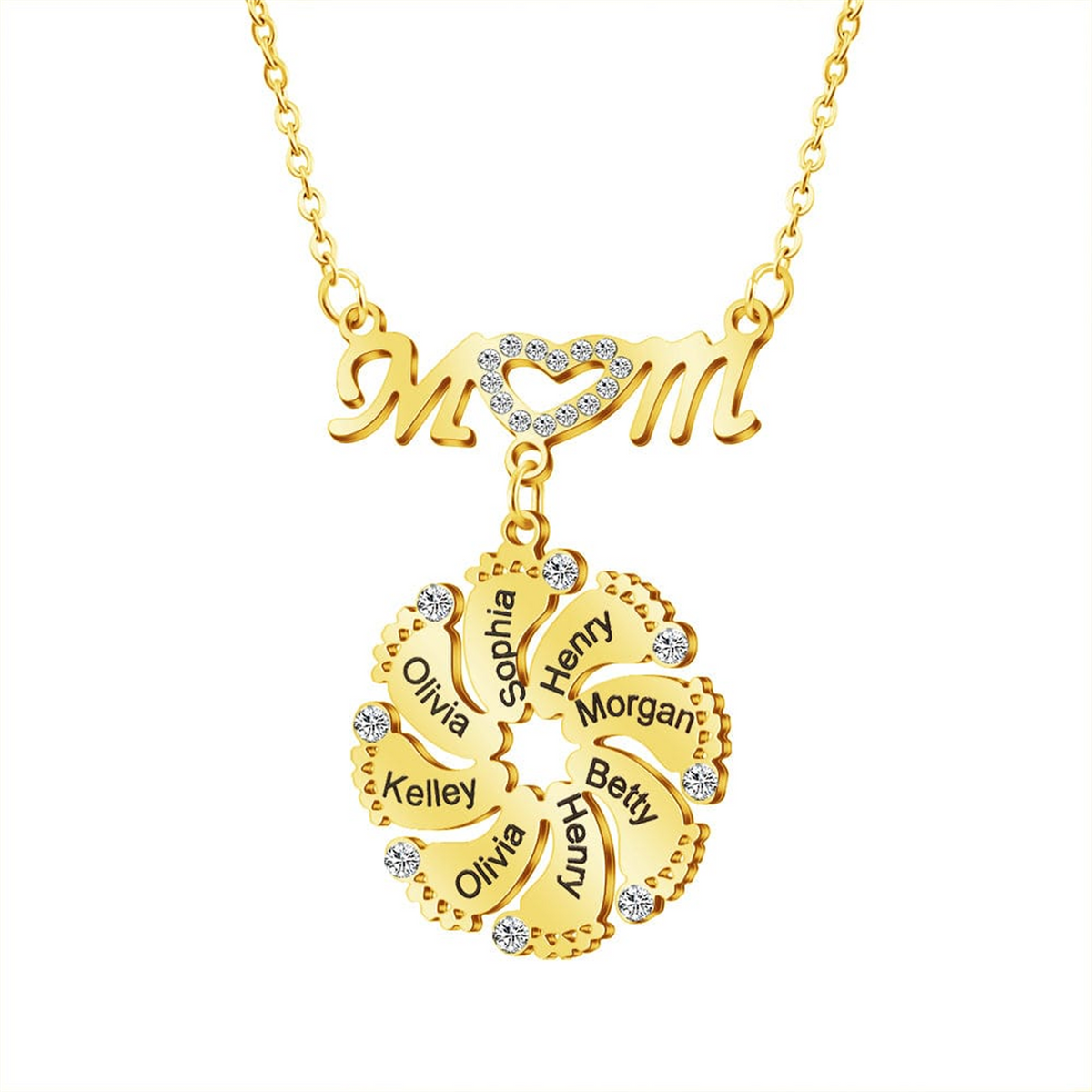 Personalized Diamond Mom Necklace With Crystal Baby Feet Engraved Names Pendant - MERGE.DAY.1.FREESTYLE