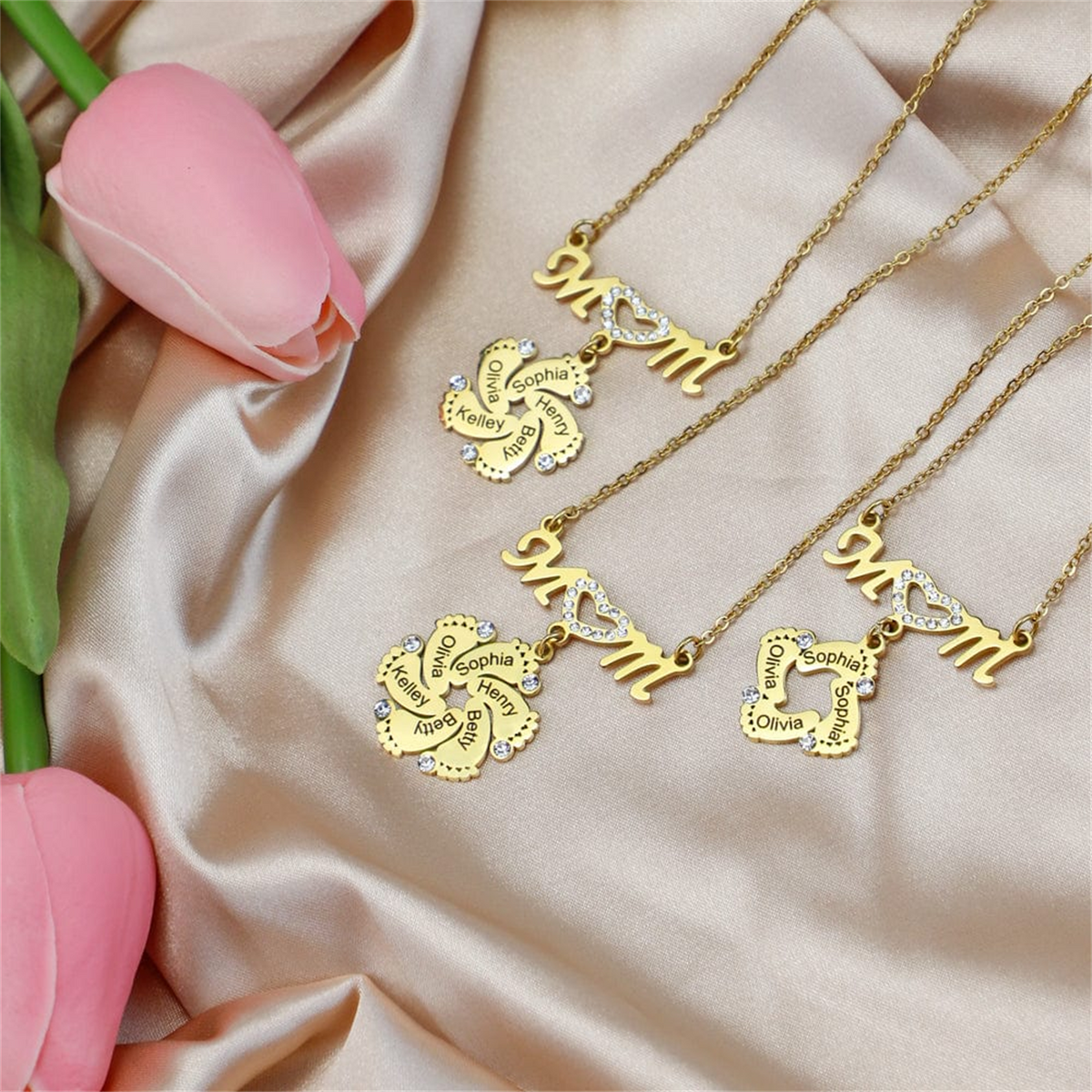 Personalized Diamond Mom Necklace With Crystal Baby Feet Engraved Names Pendant - MERGE.DAY.1.FREESTYLE