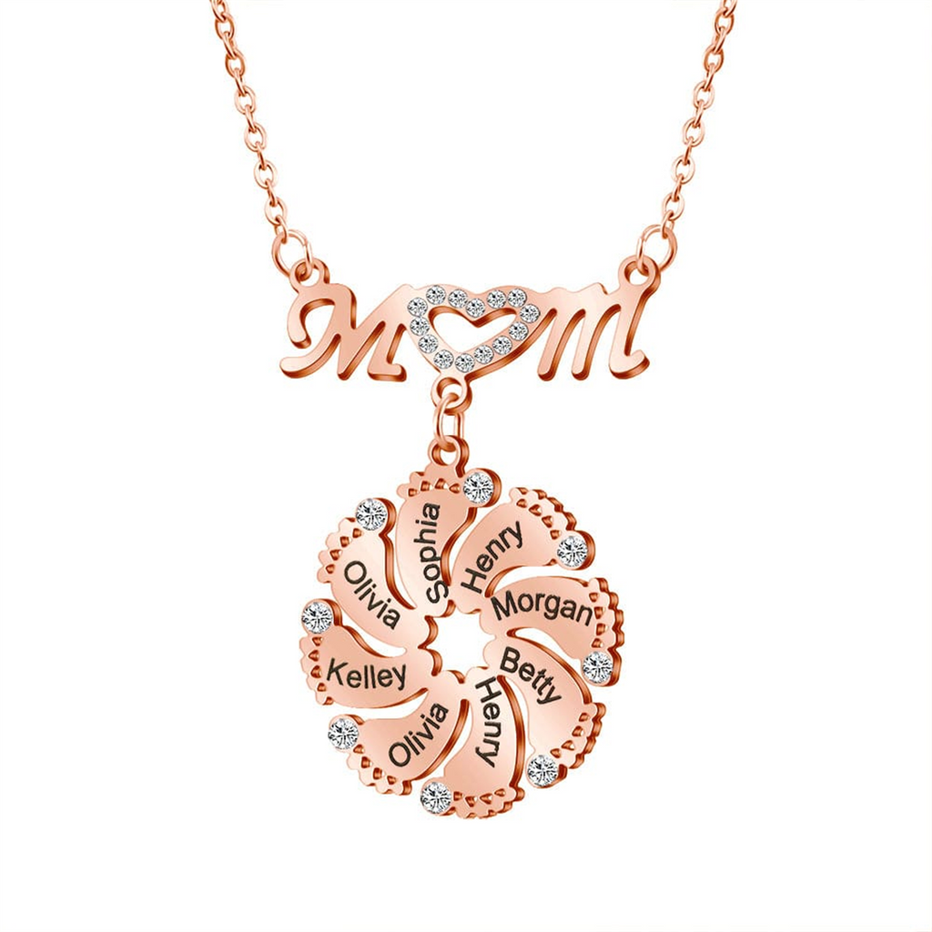 Personalized Diamond Mom Necklace With Crystal Baby Feet Engraved Names Pendant - MERGE.DAY.1.FREESTYLE