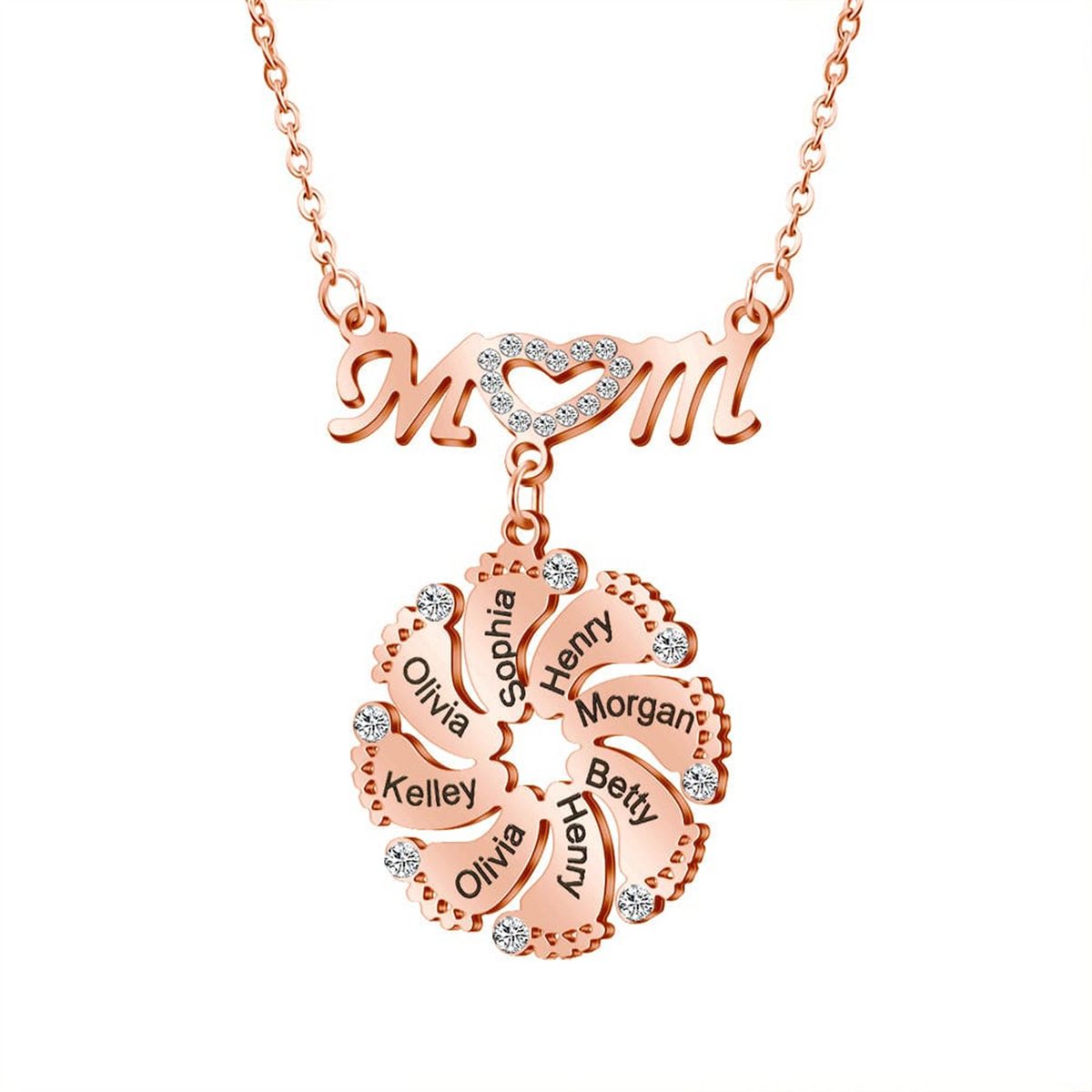 Personalized Diamond Mom Necklace With Crystal Baby Feet Engraved Names Pendant - MERGE.DAY.1.FREESTYLE