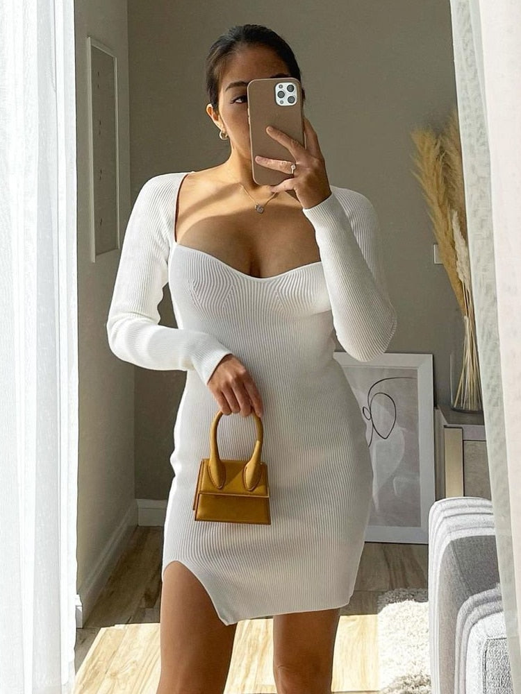 Aproms Elegant Square Neck Ribbed Knitted Dresses Women Long Sleeve High Stretch Bodycon - MERGE.DAY.1.FREESTYLE