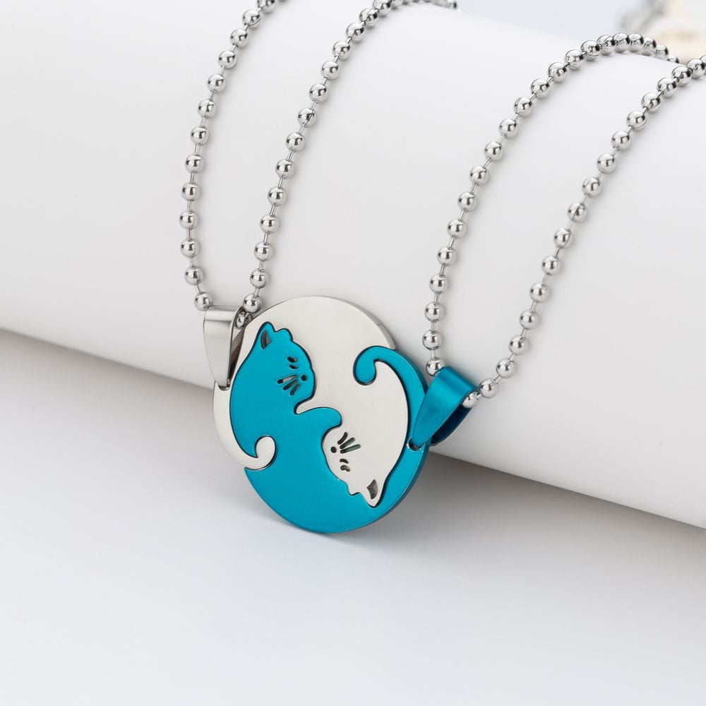 1 Set Couple Charm Cat Pendant Necklace Women Men Stainless Steel Girl Gift Jewelry Blue Cololr - MERGE.DAY.1.FREESTYLE