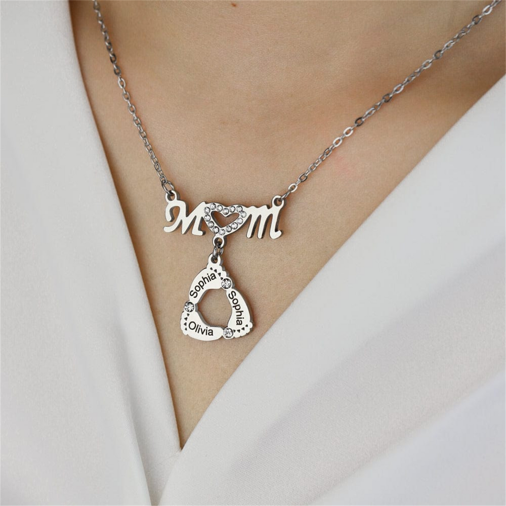 Personalized Diamond Mom Necklace With Crystal Baby Feet Engraved Names Pendant - MERGE.DAY.1.FREESTYLE