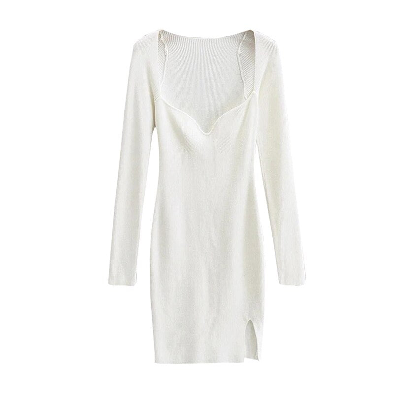 Aproms Elegant Square Neck Ribbed Knitted Dresses Women Long Sleeve High Stretch Bodycon - MERGE.DAY.1.FREESTYLE