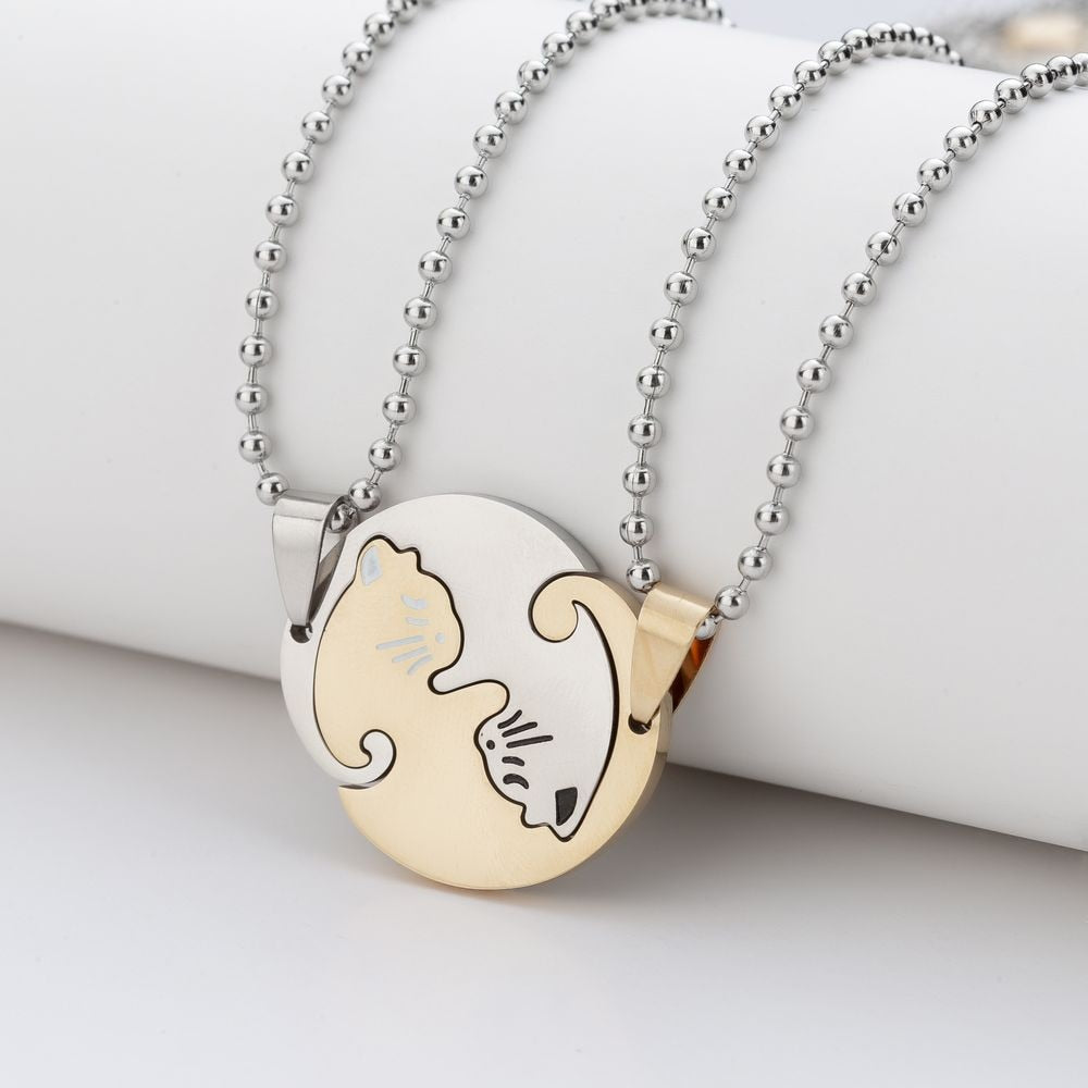 1 Set Couple Charm Cat Pendant Necklace Women Men Stainless Steel Girl Gift Jewelry Blue Cololr - MERGE.DAY.1.FREESTYLE
