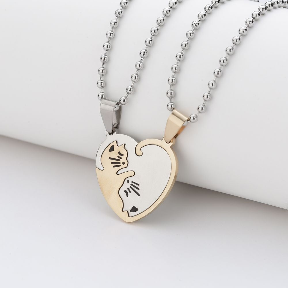 1 Set Couple Charm Cat Pendant Necklace Women Men Stainless Steel Girl Gift Jewelry Blue Cololr - MERGE.DAY.1.FREESTYLE