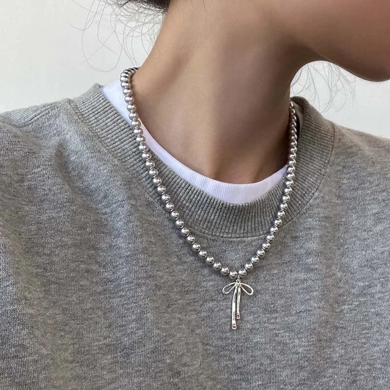 Vintage Grey Pearl Bowknot Pendant Necklace - MERGE.DAY.1.FREESTYLE