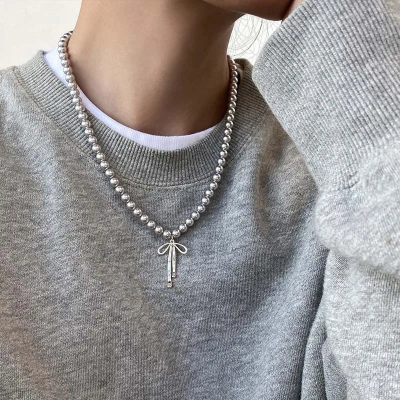 Vintage Grey Pearl Bowknot Pendant Necklace - MERGE.DAY.1.FREESTYLE