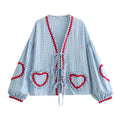 Heart Pockets Ladies V Neck Bow Buttons Blouses - MERGE.DAY.1.FREESTYLE