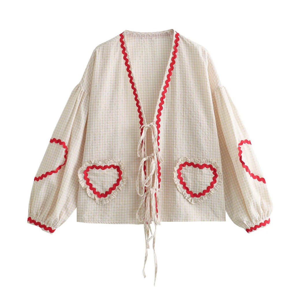 Heart Pockets Ladies V Neck Bow Buttons Blouses - MERGE.DAY.1.FREESTYLE
