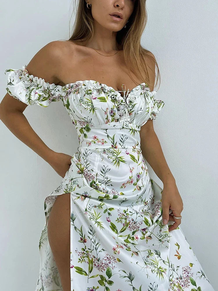 Summer Floral Off Shoulder Puff Sleeve Maxi Dress - MERGE.DAY.1.FREESTYLE