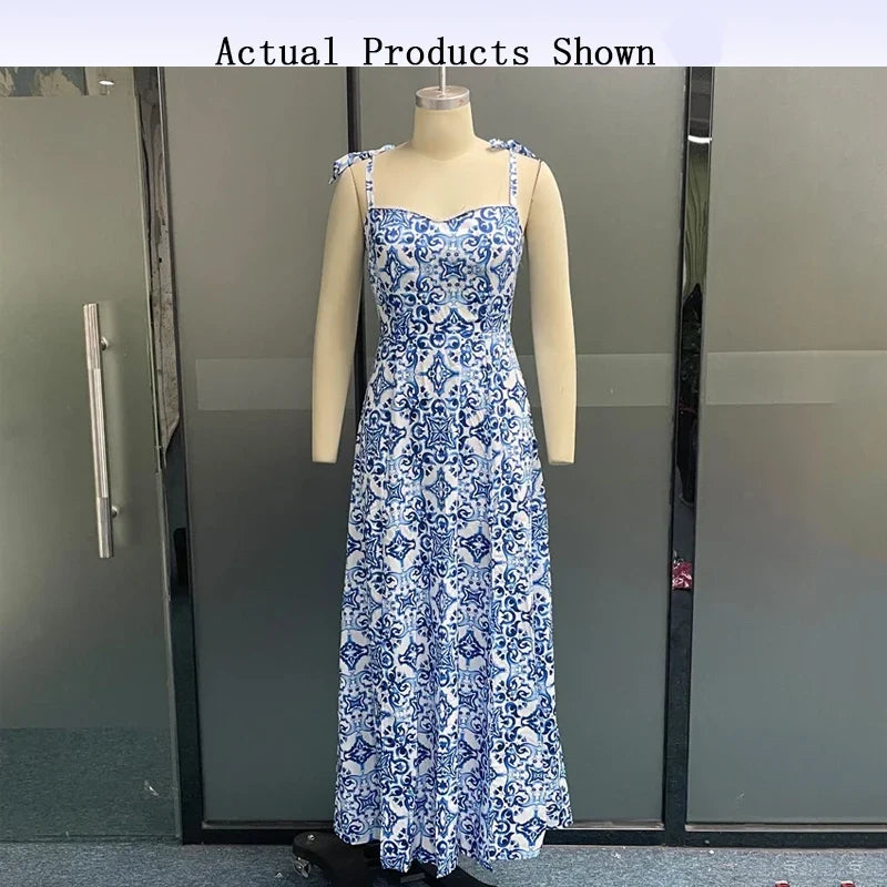 Porcelain Print Slim Strap Sleeveless Tie up Backless Split Dresses - MERGE.DAY.1.FREESTYLE