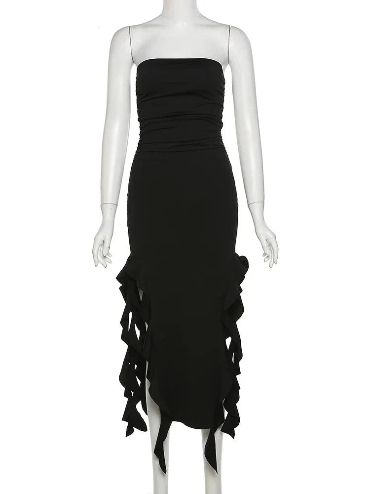 Elegant Strapless Dress Women Irregular Tassel Skinny Split Maxi Bodycon - MERGE.DAY.1.FREESTYLE