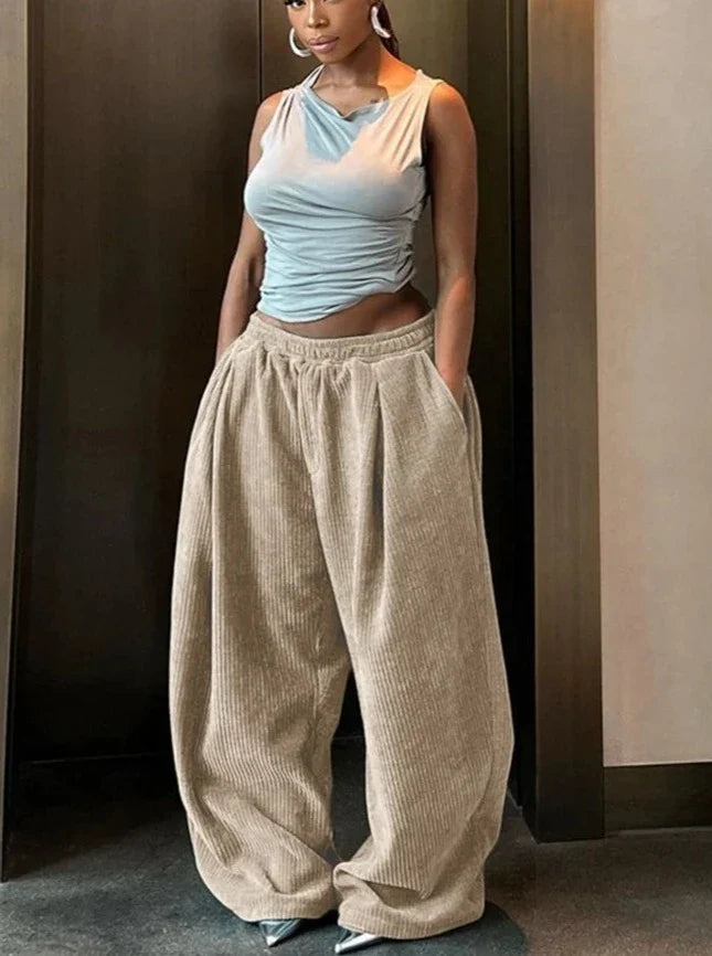 Basic Pocket High Waist Trousers Corduroy Streetwear Long Bottoms - MERGE.DAY.1.FREESTYLE