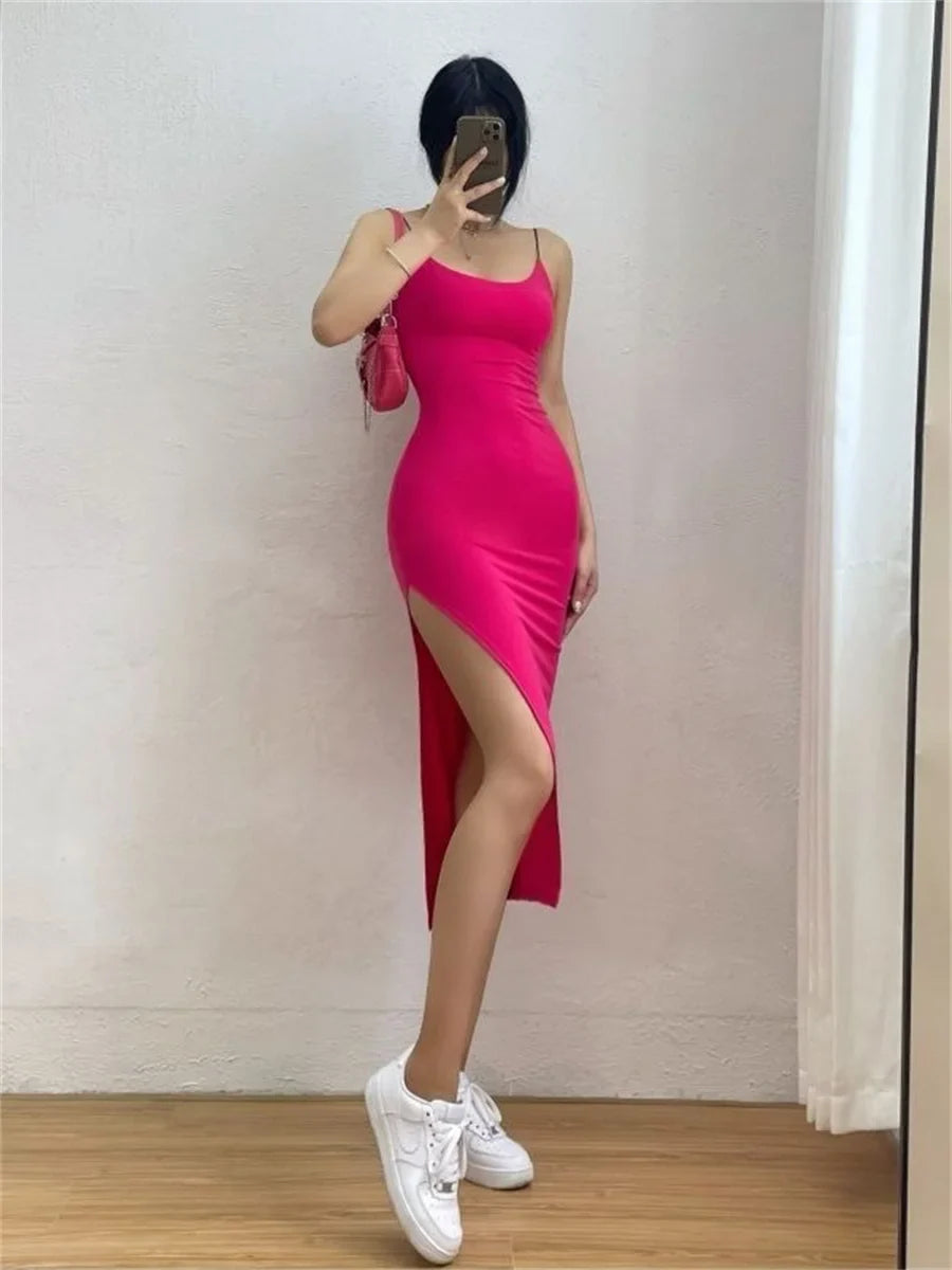 Sleeveless Spaghetti Strap Split Sheath Dress Vestidos - MERGE.DAY.1.FREESTYLE