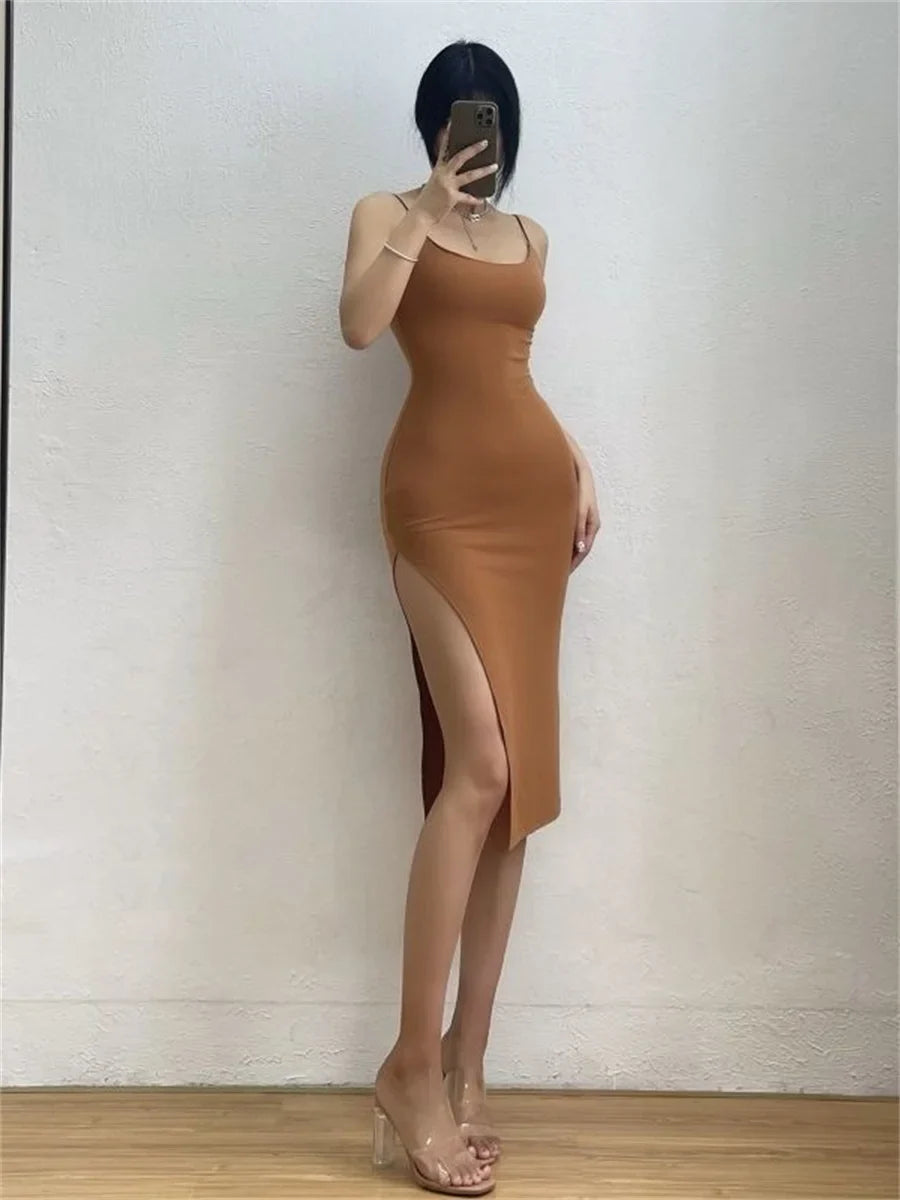 Sleeveless Spaghetti Strap Split Sheath Dress Vestidos - MERGE.DAY.1.FREESTYLE