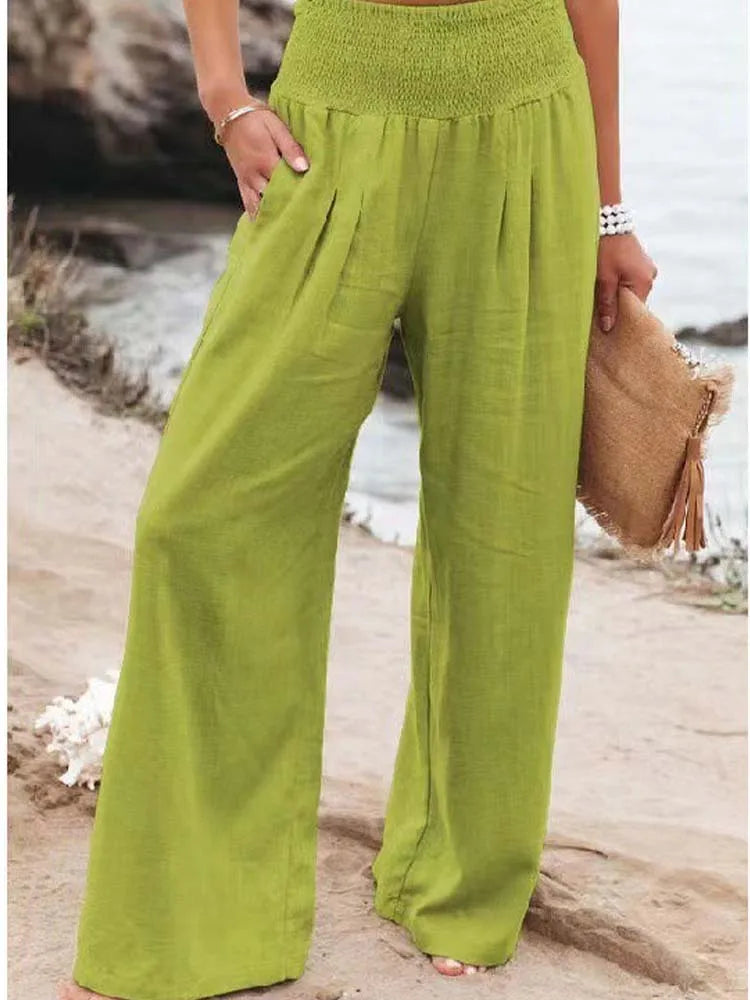Women Cotton And Linen Pants Elastic High-Waist Thin Casual Pocket Trousers - MERGE.DAY.1.FREESTYLE