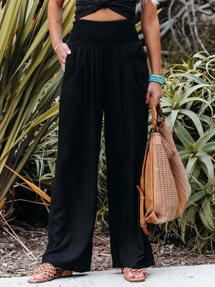 Women Cotton And Linen Pants Elastic High-Waist Thin Casual Pocket Trousers - MERGE.DAY.1.FREESTYLE
