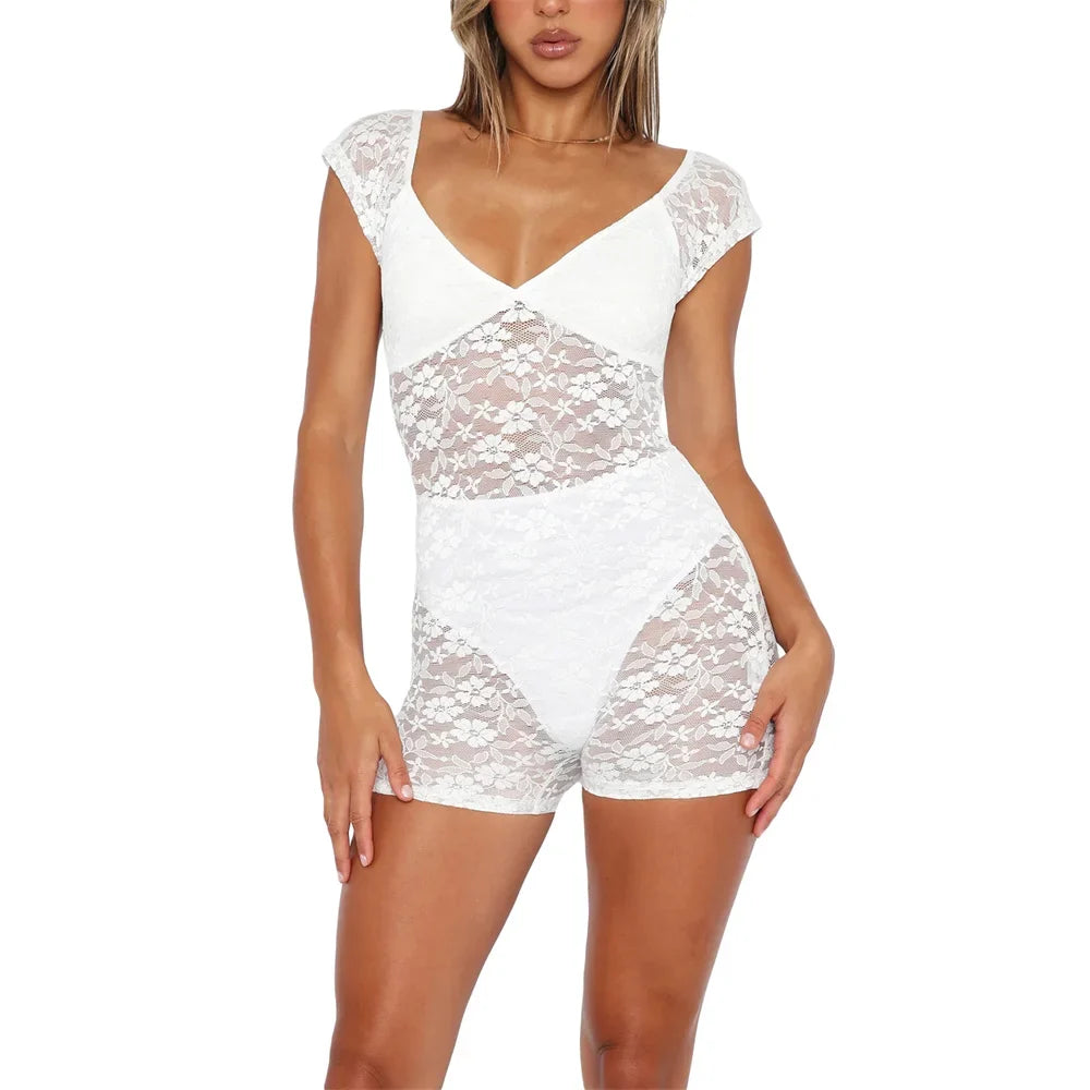 Lace See Through Playsuit Sexy V-neck Short Jumpsuit Romper - MERGE.DAY.1.FREESTYLE