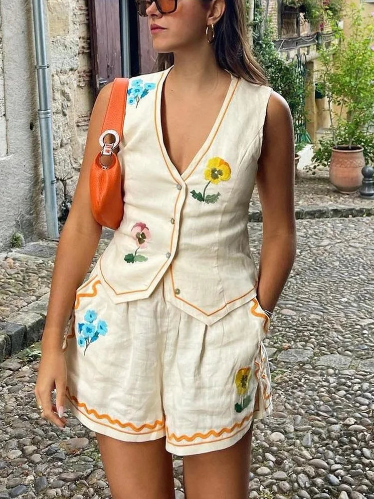 Women Sleeveless Vest Shorts 2 Pieces Set Fashion V Neck Single Breasted Vest - MERGE.DAY.1.FREESTYLE
