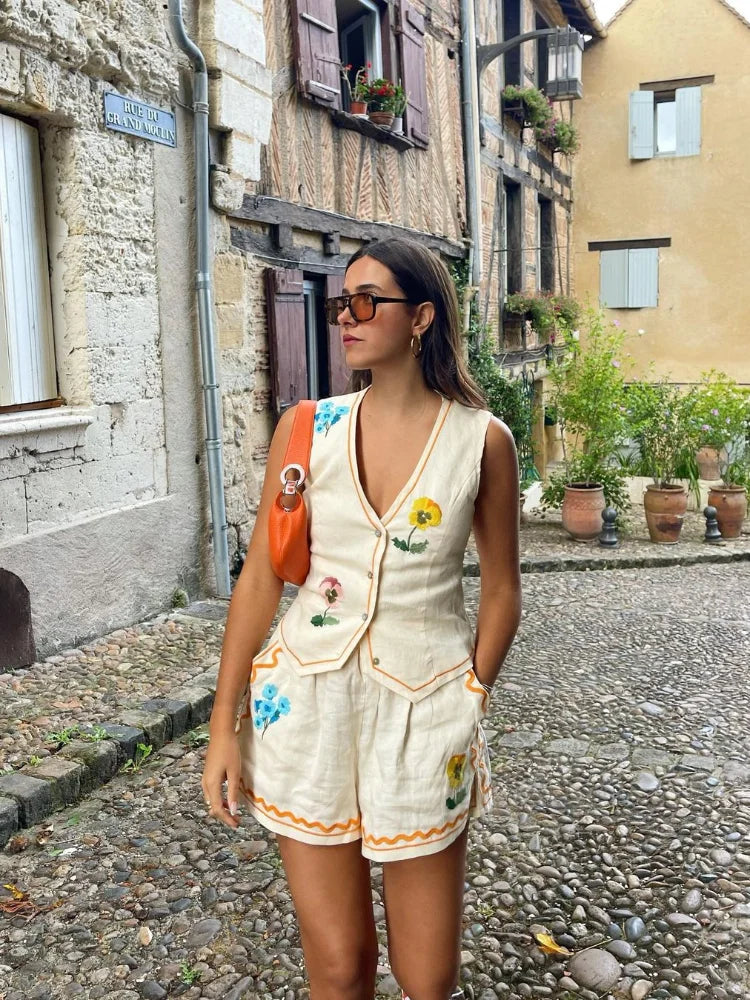 Women Sleeveless Vest Shorts 2 Pieces Set Fashion V Neck Single Breasted Vest - MERGE.DAY.1.FREESTYLE
